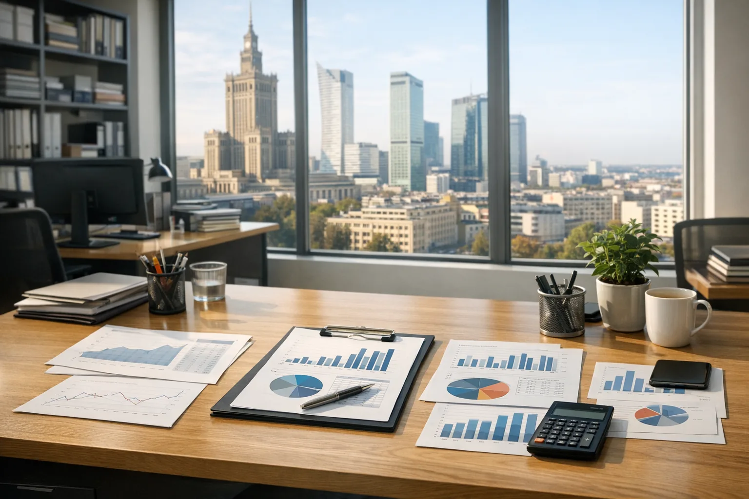 Biuro redakcyjne z dokumentami i analizami bez ludzi